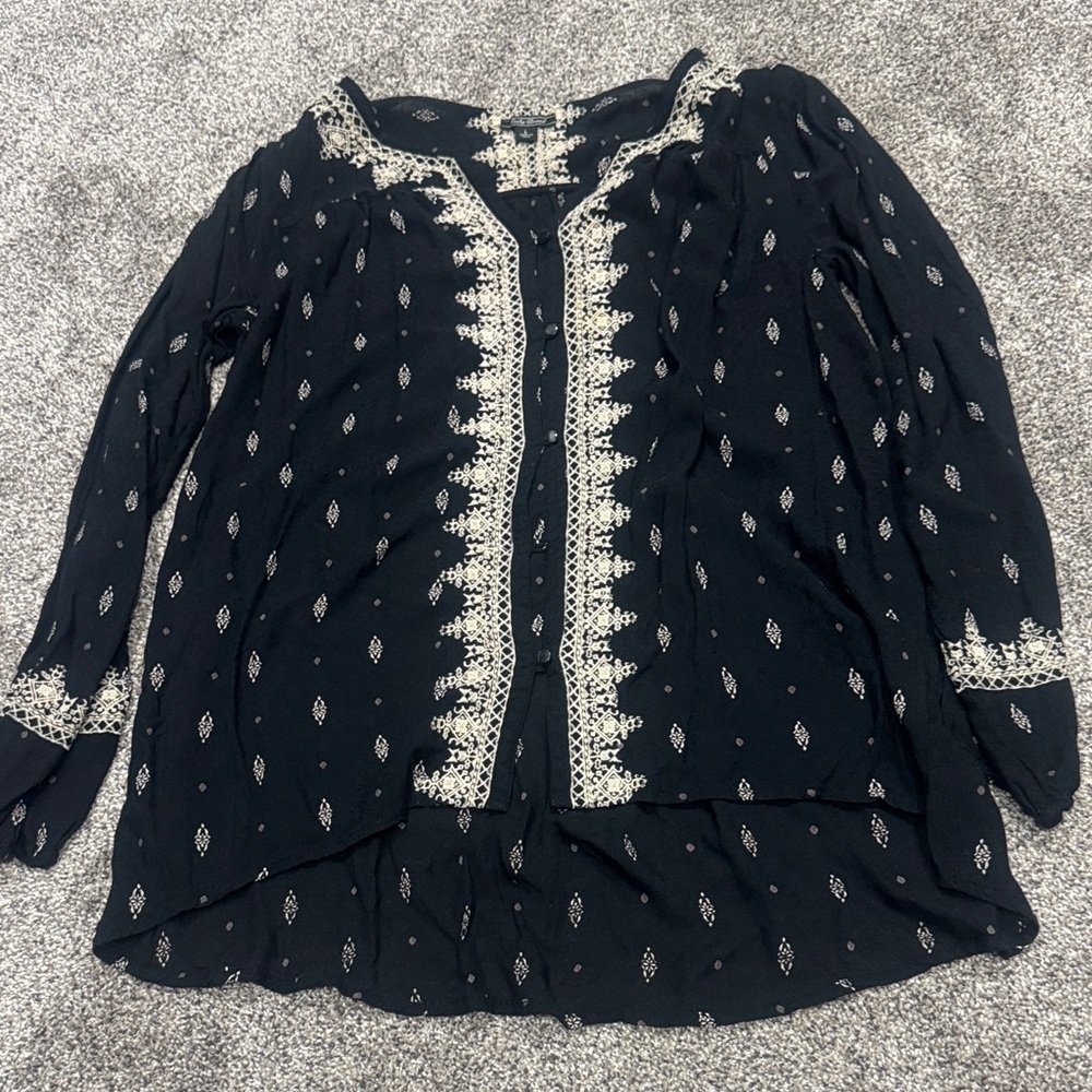 Lucky Brand Black Blouse with White Embroidery